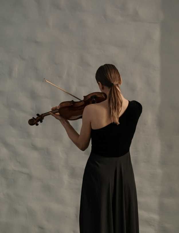 Woman facing away playing the violin.