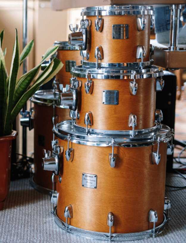 Drum kit stacked on each other.