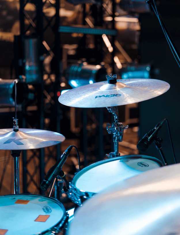 Close up of a drum set.