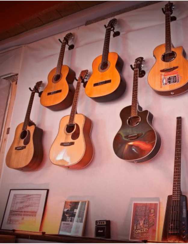 Seven guitars mounted on a wall.