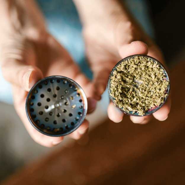 Older woman holding a grinder full of weed