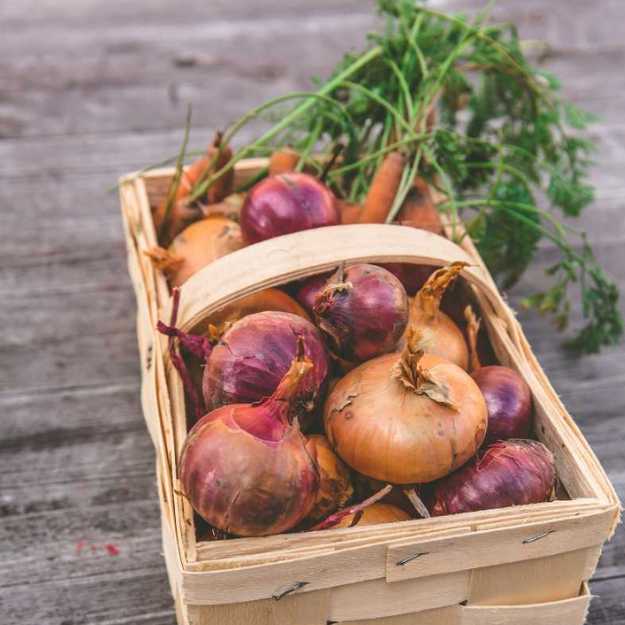 A Basket filled with various onions.