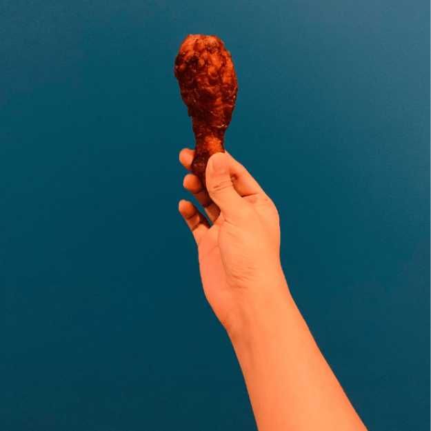 Someone holding up a chicken leg in front of a blue wall.