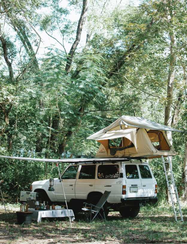 A car with a tent on top of it in a forest.