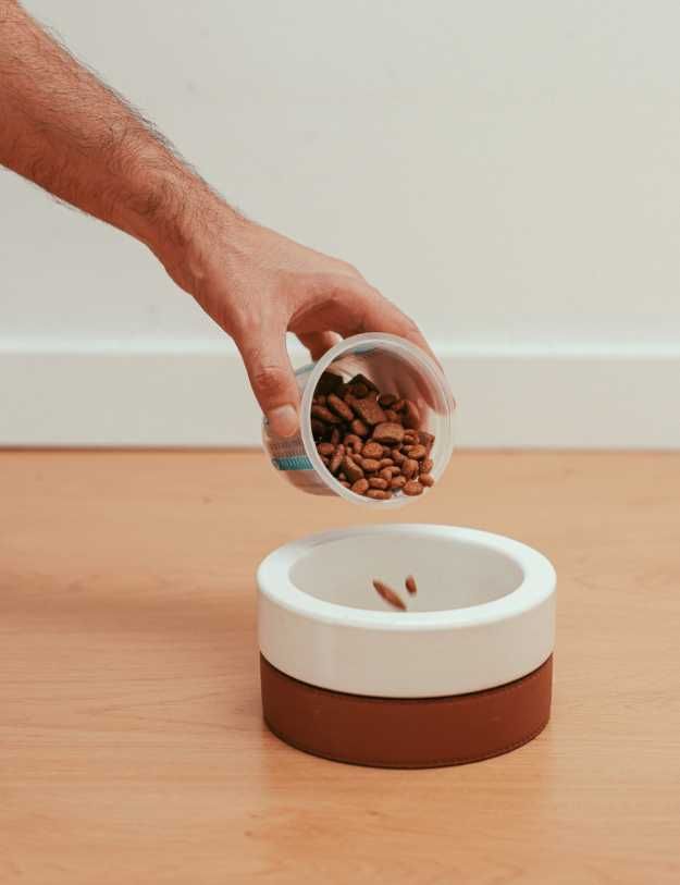 Someone pouring a cup of dog food into a bowl.